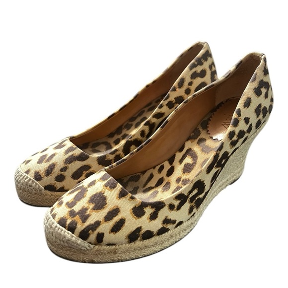 J Crew 7.5M Brown Tan Leopard Print Espadrille Canvas Slip On Wedge Heel Shoes - Picture 2 of 10